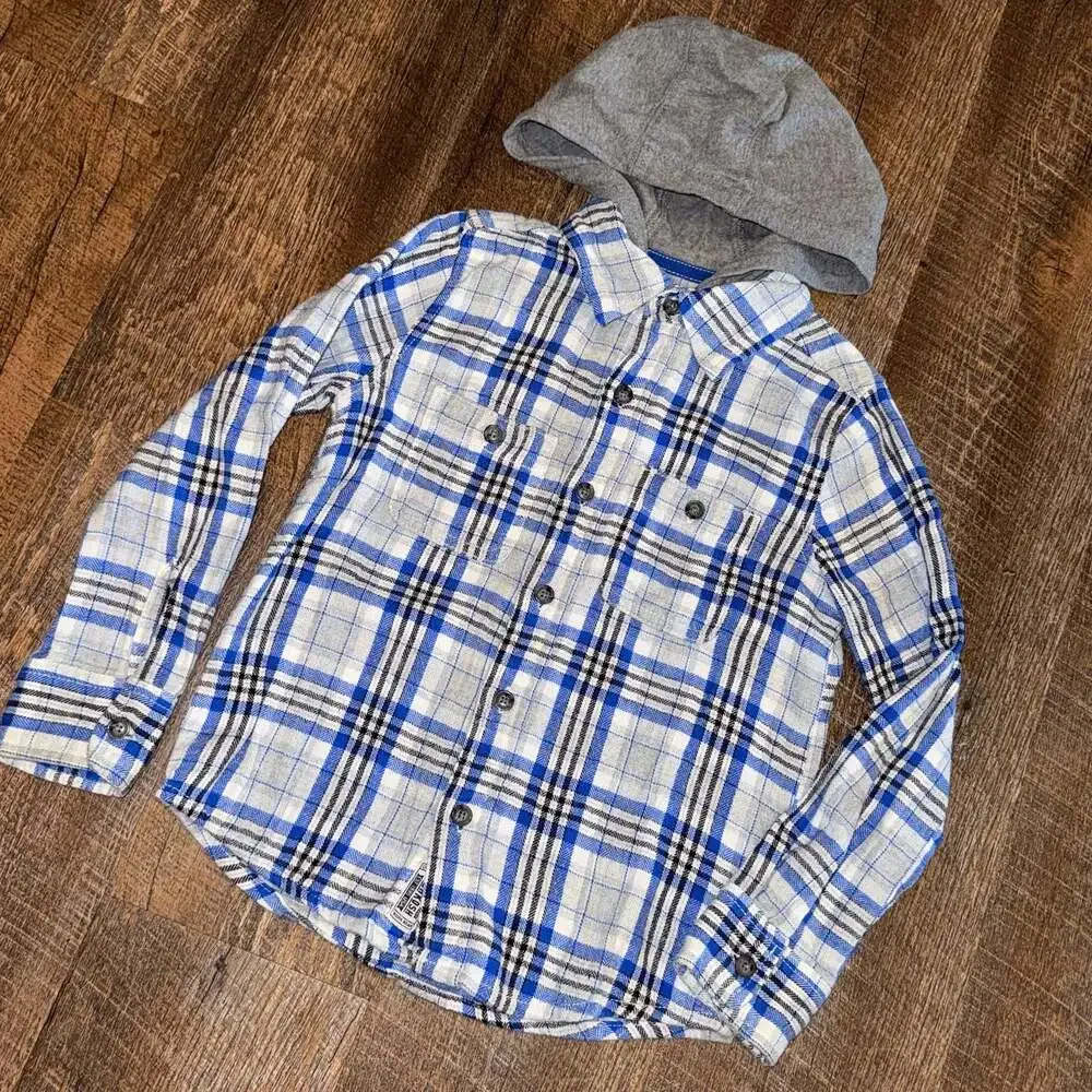 OshKosh B'gosh Boys Blue Plaid Hooded Flannel Shirt Size 4/5